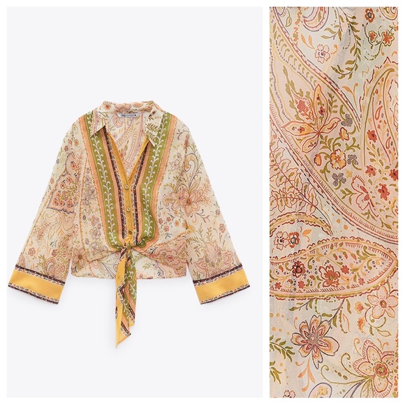 NWT. Zara Cream/Beige Paisley Printed Chiffon Blouse. Size L. - Picture 5 of 10